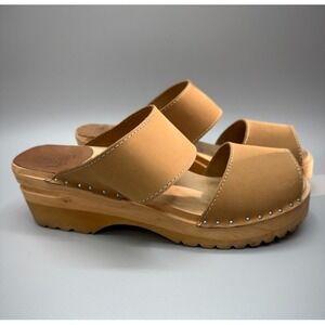Swedish Troentorps Women's Size 40 Tan Leather Strap Wood Clogs Natural Comfort